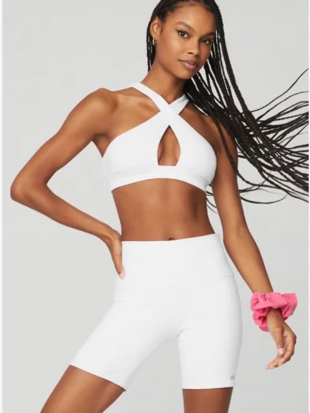 ALO Yoga White Crisscross Keyhole Sports Bra and High-Rise Biker Shorts Set